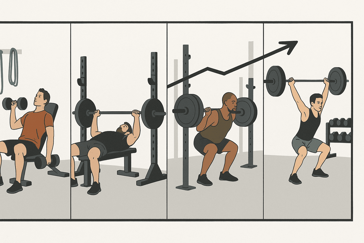 Four athletes performing progressive strength exercises in separate gym zones, illustrating an 8 week weight training program.